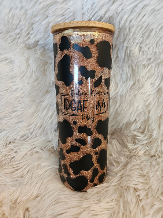 IDGAF Rose Gold Glass Glitter Globe Tumbler, 20 oz